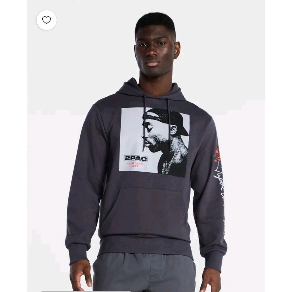 NWT 2Pac California Love Graphic Hoodie Mens S Grey Rose Sleeve Rap Sweat